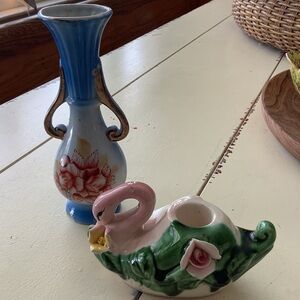 Vintage Porcelain Small Blue White Urn Vase & Pink Swan Candle Holder